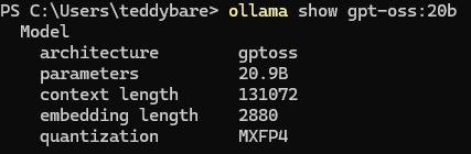 ollama show gpt-oss:20b 명령 결과로 아키텍처 gpt oss