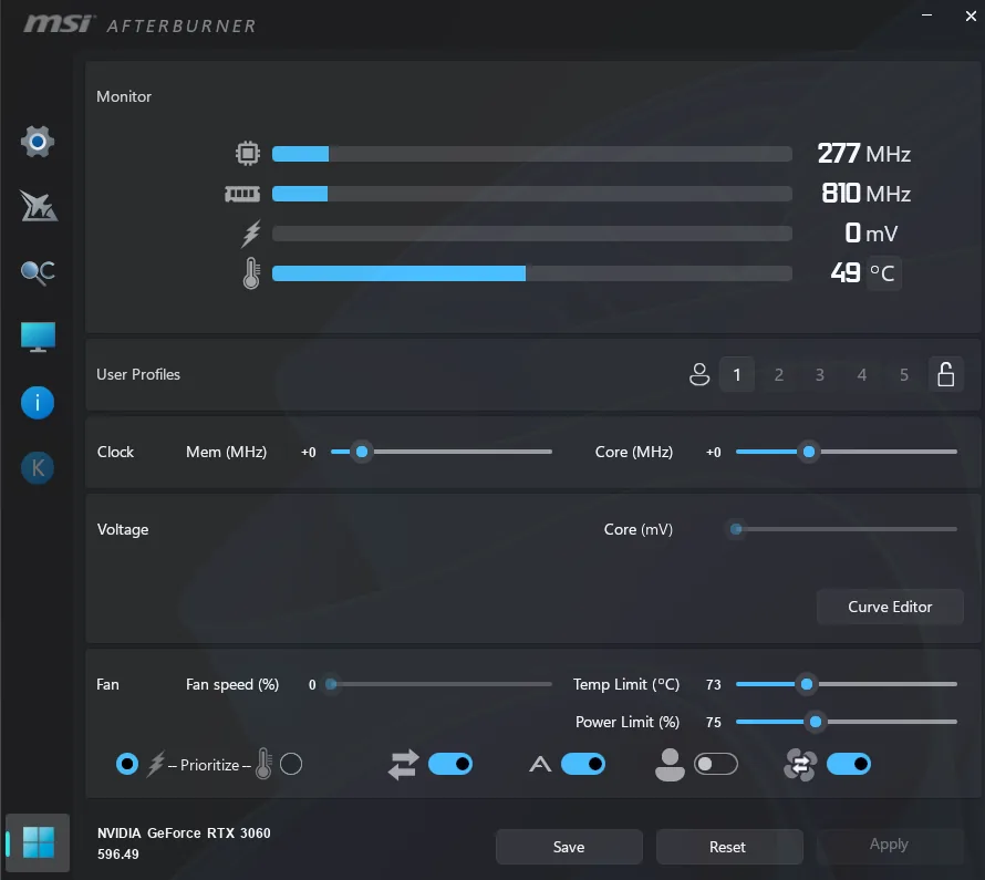 MSI Afterburner에서 RTX 3060 Power Limit 75퍼센트로 설정한 화면