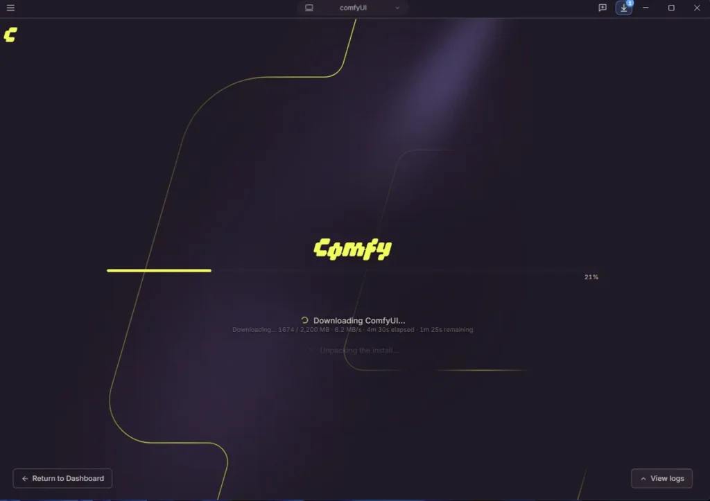 ComfyUI 설치 중 2200MB 파일을 6.2MB/s 속도로 내려받는 진행 화면