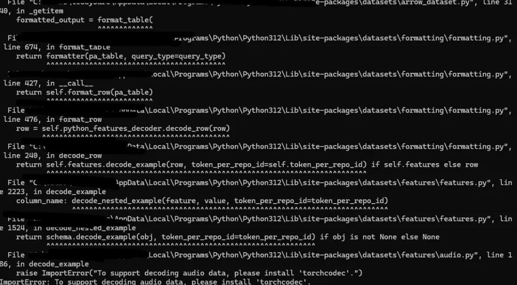 datasets에서 오디오 디코딩을 위해 torchcodec 설치를 요구하는 ImportError 화면