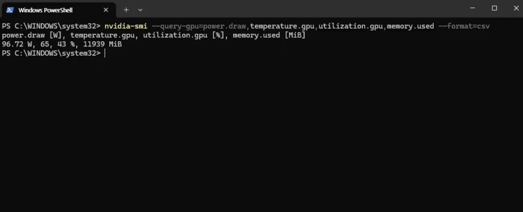 추론 중 GPU 전력 96.72W 온도 65도 사용률 43퍼센트