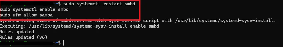 smbd 서비스를 재시작하고 enable한 뒤 ufw allow samba로 방화벽 규칙을 추가한 화면