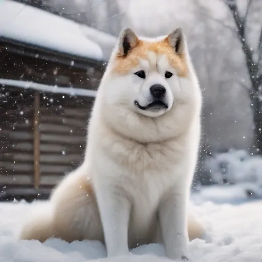 로컬 이미지 생성 같은 시드로 Japanese Akita 프롬프트를 넣어 생성한 눈밭의 개 이미지로 머리에 황갈색 반점이 있는 모습