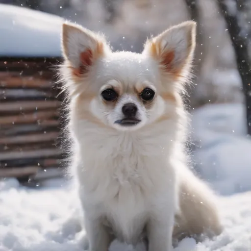 같은 시드로 Chihuahua 프롬프트를 넣어 생성한 눈밭의 흰색 장모 치와와 이미지